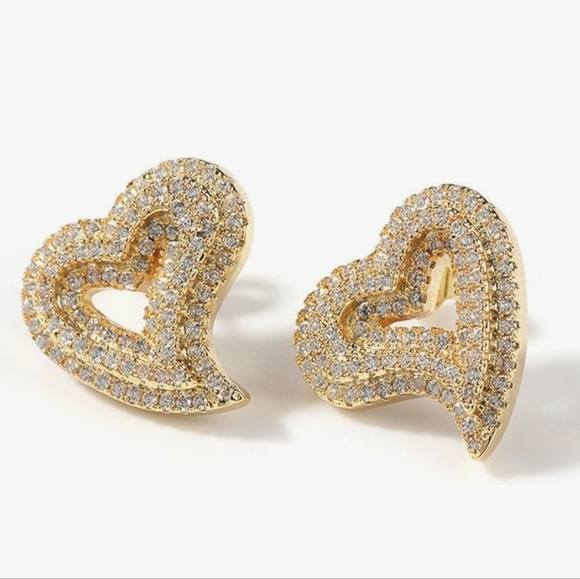 Gold Pave Rhinestone Curvy Sculpted Heart Post Earrings Sparkle Crystal Hearts - Picture 1 of 10